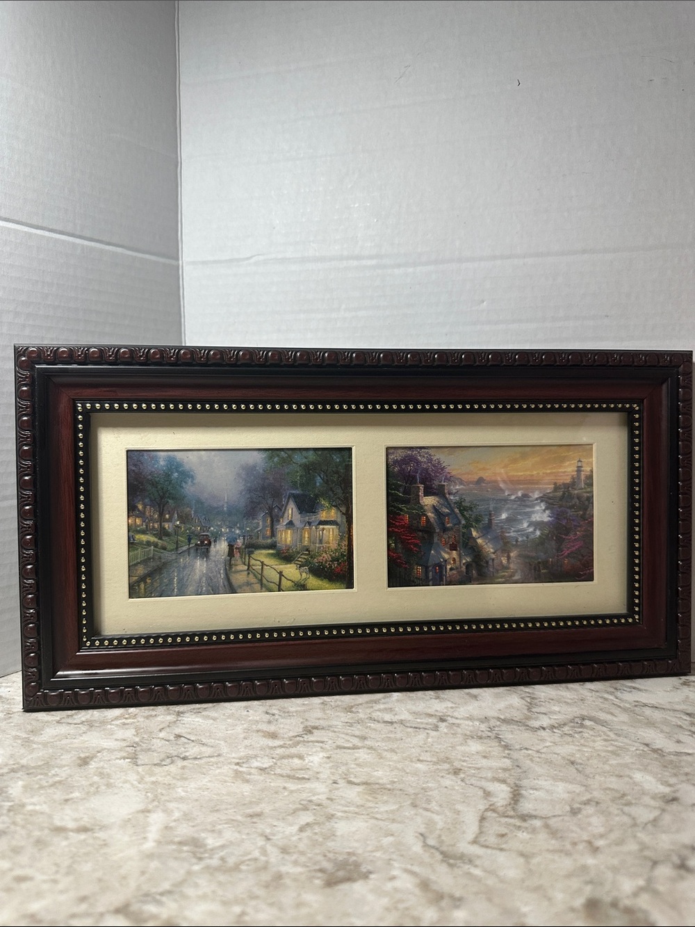Framed Dual-Scene Landscape Print in Deep Brown Frame by Thomas Kinkade.